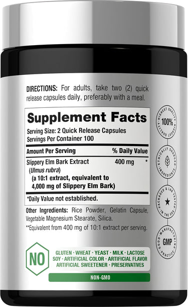 Quick release capsules with 4000 mg equivalent Slippery Elm Bark, 200 count.