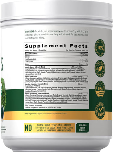 Panel showing Supplement Facts for Organic Greens Powder.