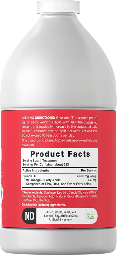 Horbaach Salmon Oil for Dogs, 64 oz. Product facts: 4,600 mg Salmon Oil, 640 mg Omega-3. No Gluten, Wheat, Milk, Lactose, Soy. NON-GMO.