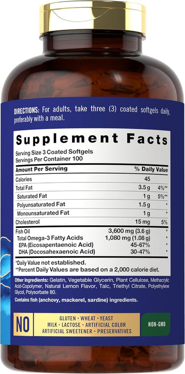 Supplement Facts panel for Carlyle Burpless Omega-3 Fish Oil 1200 mg, 300 softgels.