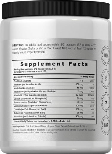 Supplement Facts panel for Horbaach Electrolytes Hydration Powder, 16 oz.