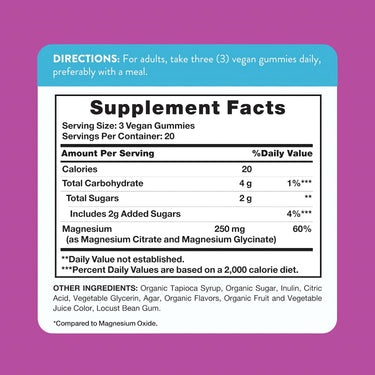 Supplement Facts panel detailing NT Magnesium 60 Gummies.