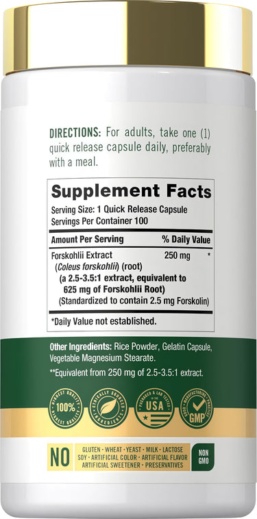 Supplement Facts panel for Carlyle Forskohlii Coleus, showing Standardized Extract 625 mg.