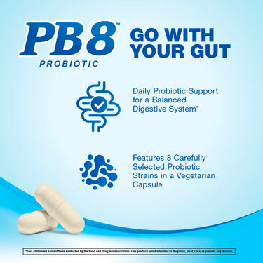 Product highlights graphic stating Probiotic Support for Balanced Digestive System*, 8 Carefully Selected Probiotic Strains in a Vegetarian Capsule