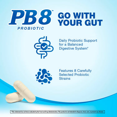 Product highlights graphic stating Daily Probiotic Support for a Balanced Digestive System*, Features 8 Carefully Selected Probiotic Strains.
