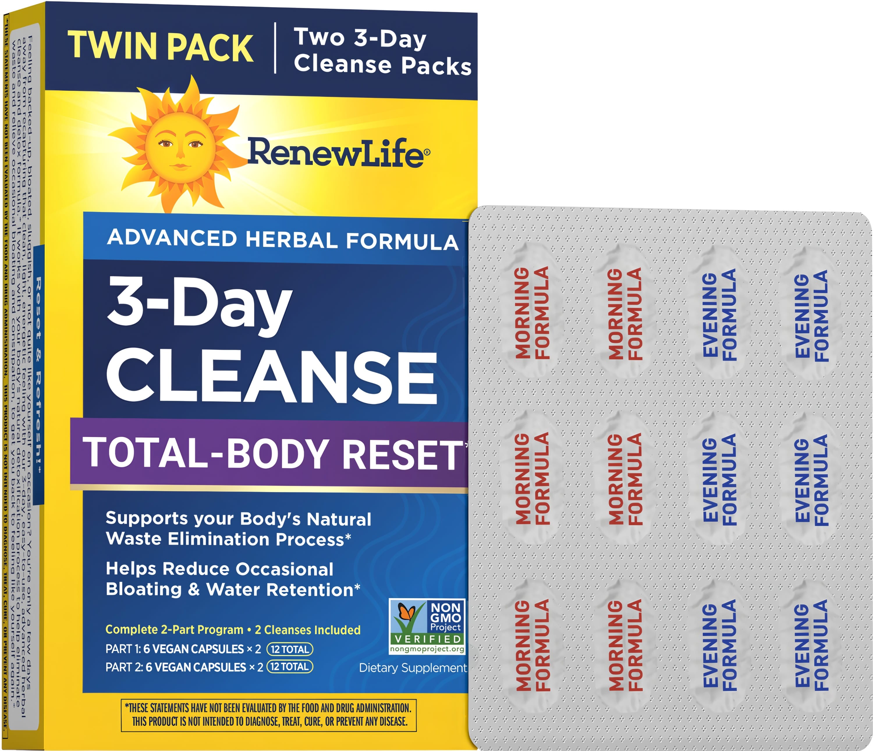 RenewLife 3-Day Cleanse Total-Body Reset Twin Pack with two 3-Day Cleanse Packs, 48 vegan capsules, in blister packs.