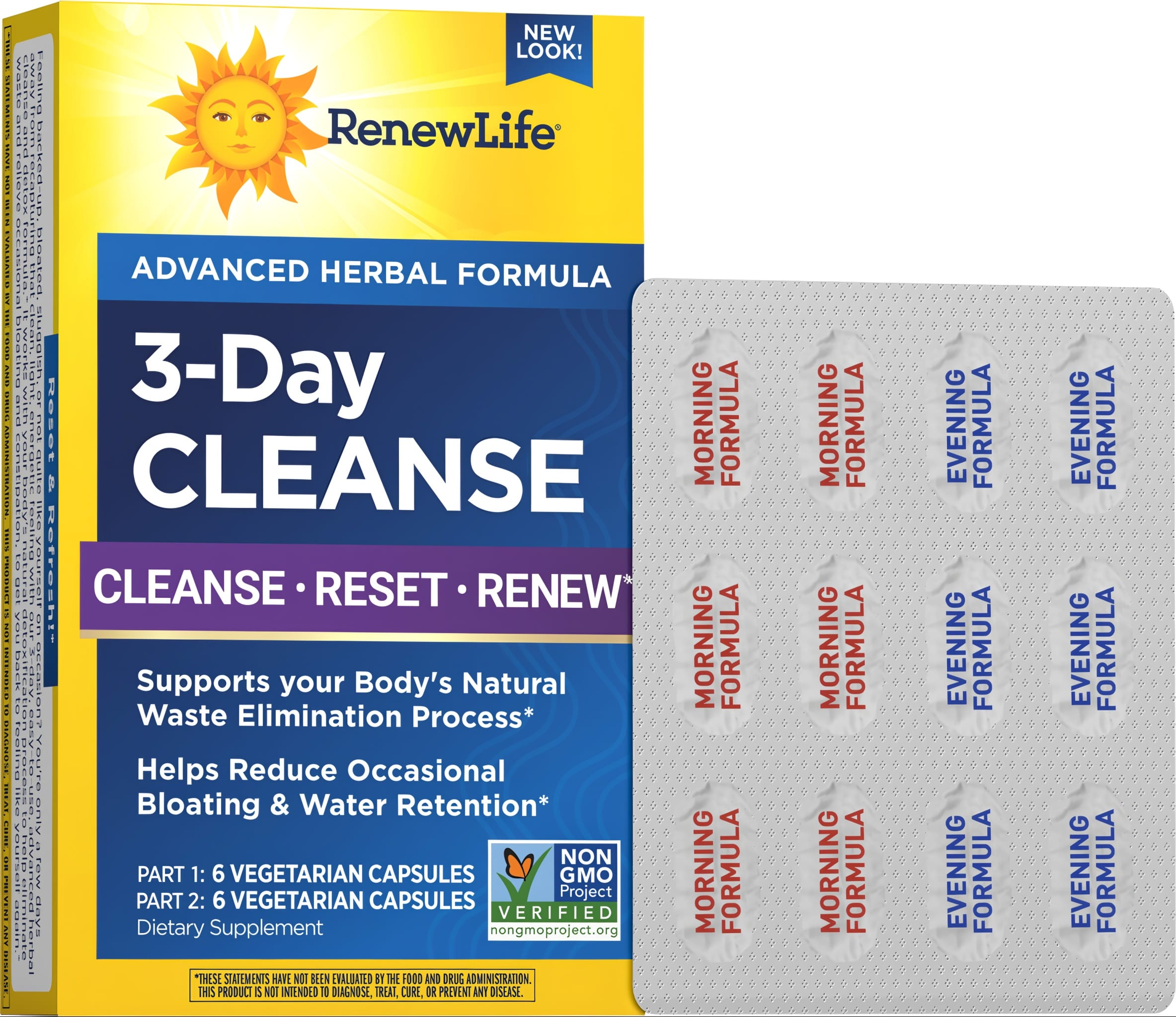RN 3 Day Cleanse box with 12 vegetarian capsules in blister pack: 6 Morning Formula and 6 Evening Formula capsules.