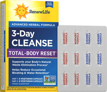 3-Day CLEANSE TOTAL-BODY RESET box with 12 vegetarian capsules: 6 for Morning Formula, 6 for Evening Formula.