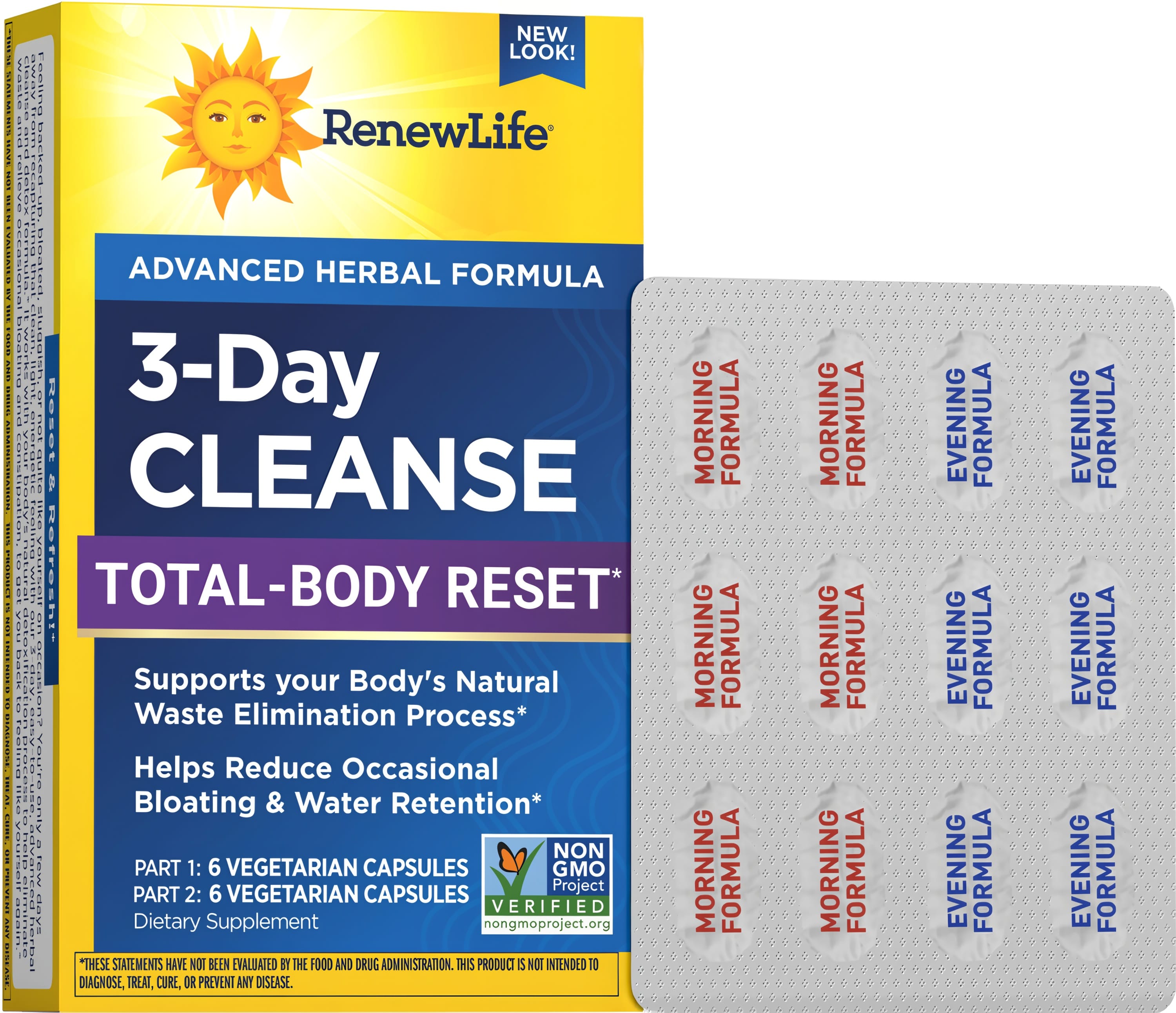 3-Day CLEANSE TOTAL-BODY RESET box with 12 vegetarian capsules: 6 for Morning Formula, 6 for Evening Formula.