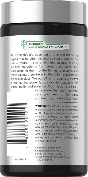 CL American Ginseng 1800 mg 200 Capsules bottle showing Horbäach NON-GMO PROMISE on the white product label.