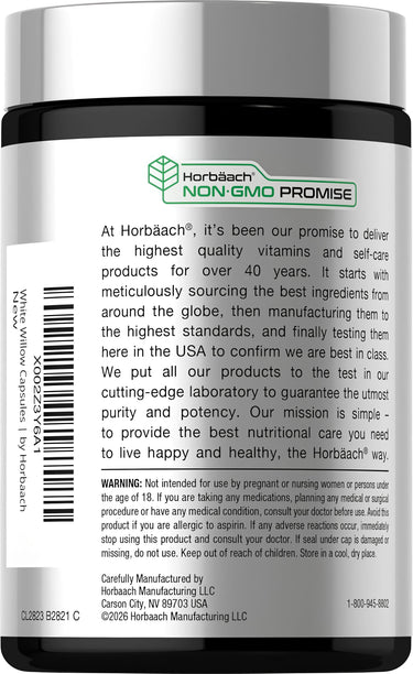 Horbaach White Willow Bark supplement with 1500mg, containing 200 capsules, shown in product packaging.