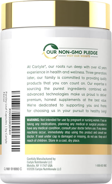 Carlyle Parsley Leaf 1200 mg 300 capsules bottle featuring 'Our Non-GMO Pledge' logo.