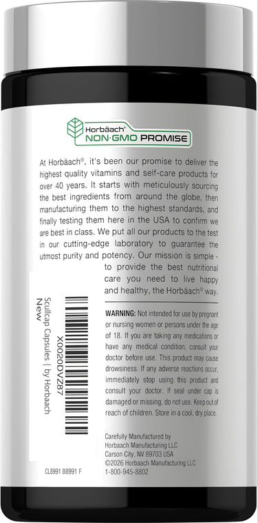 Bottle of Scullcap Herb 800 mg Capsules with 'NON-GMO PROMISE' seal and 'New' label, containing 200 capsules.