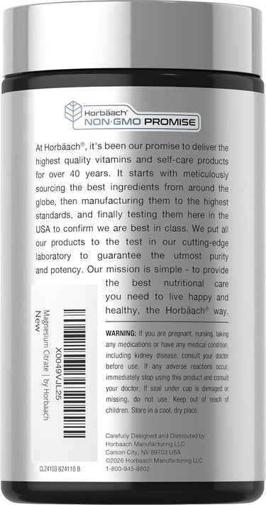 Horbaach Magnesium Citrate 850mg bottle with 120 softgels and a Non-GMO Promise label.