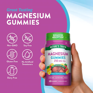 Magnesium Gummies bottle with icons indicating Non-GMO, Soy Free, Gluten Free, No Artificial Sweeteners, Dairy Free, Vegan attributes.