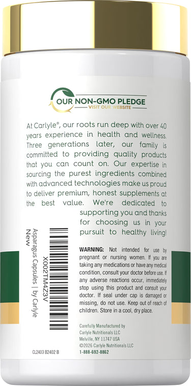 Asparagus 1600 mg 250 Capsules bottle, back label shows 'Our Non-GMO Pledge' logo with company details.