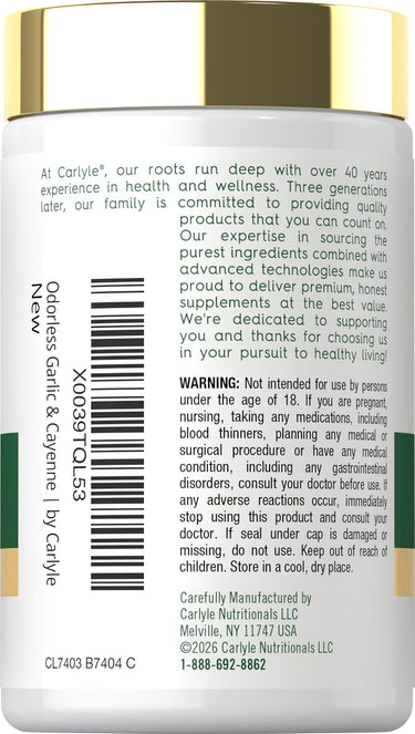 Carlyle Odorless Garlic & Cayenne supplement bottle for health support.