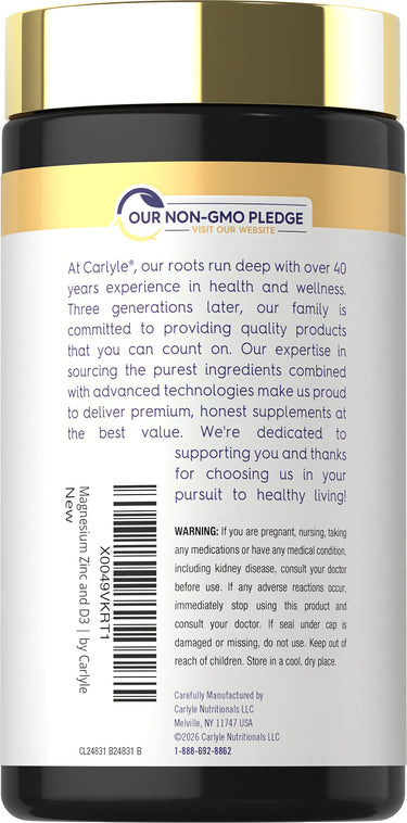 Carlyle Magnesium Zinc and Vit D 90 Capsules with back label showing Non-GMO Pledge, company story, and warnings.