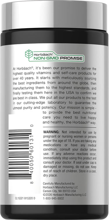 Corn Silk bottle featuring Horbäach® NON-GMO PROMISE, quality assurance, caution notices, and production information.