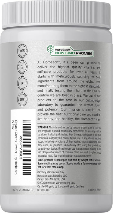 Horbaach Organic Greens Powder in a white jar with a ribbed cap, showcasing natural ingredients.