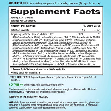 Supplement Facts panel displaying details for PB8 Immune Probiotic 60 Capsules.