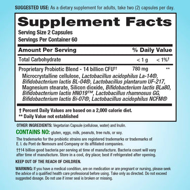 Supplement Facts panel for PB8 with 14 billion CFU per 120 vegetarian capsules.