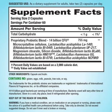 Supplement Facts panel for PB8 Probiotic with 14 Billion CFU in 120 Capsules.