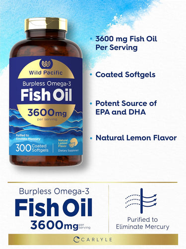 Burpless Omega-3 Fish Oil, 3600mg per serving, 300 coated softgels with natural lemon flavor, purified to eliminate mercury.