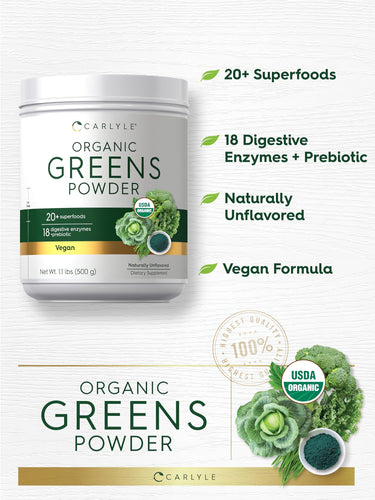 Organic Greens Powder with 20+ superfoods, 18 digestive enzymes, prebiotic, naturally unflavored, vegan, USDA organic.