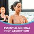 Two adult women meditating. Graphic overlay reads 'ESSENTIAL MINERAL HIGH ABSORPTION* *Compared to Magnesium Oxide'.