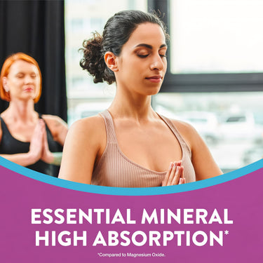 Two adult women meditating. Graphic overlay reads 'ESSENTIAL MINERAL HIGH ABSORPTION* *Compared to Magnesium Oxide'.