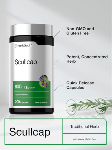 Bottle of Scullcap Herb supplement, 800 mg equivalent per serving, containing 200 capsules.