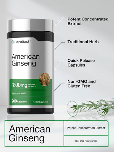 American Ginseng 1800mg Equivalent, 200 Quick Release Capsules. Non-GMO, gluten-free; potent concentrated extract.