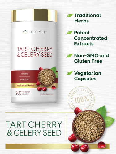 Tart Cherry & Celery Seed bottle with icons indicating Traditional Herbs, Potent Extracts, Non-GMO, Gluten Free, Vegetarian Capsules.