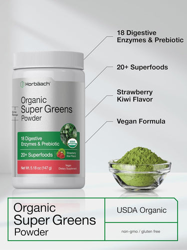 Strawberry Kiwi Organic Super Greens Powder, 5.18 oz, USDA Organic, Vegan. Comes in a sealed jar.