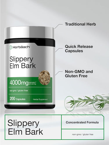 Slippery Elm Bark 4000mg equivalent per serving in 200 quick-release capsules, non-GMO and gluten-free.