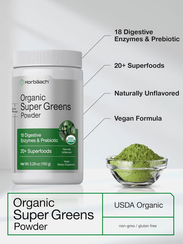 Horbäach Organic Super Greens Powder, 5.29 oz. USDA Organic, non-GMO, gluten-free with 18 enzymes, prebiotic, and 20+ superfoods.