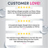 Graphic 'CUSTOMER LOVE!' showing three 5-star reviews highlighting the taste, mixability, and benefits for hair, skin, and nails.