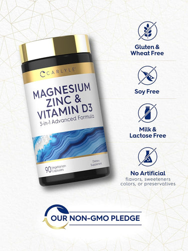 Magnesium Zinc & D3 bottle: Gluten & Wheat Free, Soy Free, Milk & Lactose Free, No Artificial Flavors/Sweeteners/Colors/Preservatives, Our Non-GMO Pledge