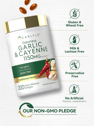 Garlic & Cayenne bottle with icons indicating gluten, wheat, milk, lactose, preservative free, no artificial flavors, non-GMO.