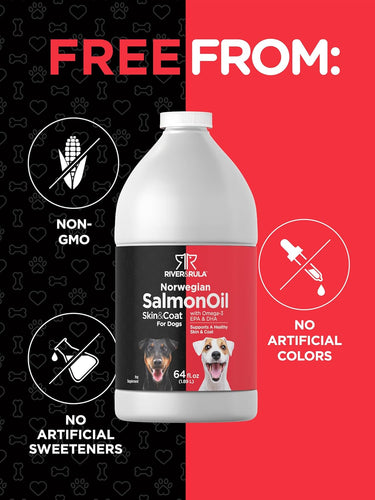 Salmon Oil bottle with labels: non-GMO, no artificial sweeteners, no artificial colors.