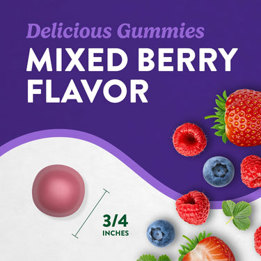 Zinc 50 mg gummy, 3/4 inches, showing 'Delicious Gummies MIXED BERRY FLAVOR' with fresh berries.