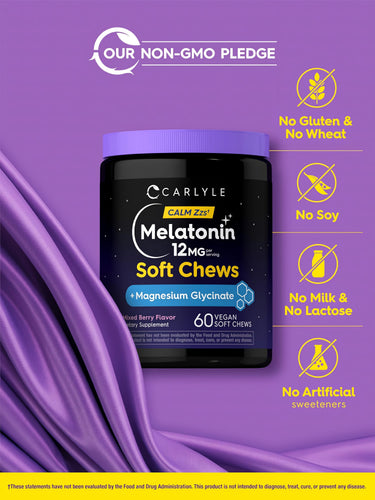 Melatonin Chews bottle with icons indicating Non-GMO, No Gluten, No Wheat, No Soy, No Milk, No Lactose, No Artificial Sweeteners.