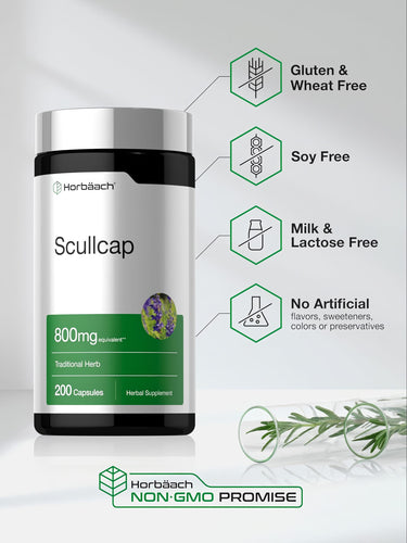 Scullcap bottle: Gluten & Wheat Free, Soy Free, Milk & Lactose Free, No Artificial Flavors/Sweeteners/Colors/Preservatives, Non-GMO Promise.