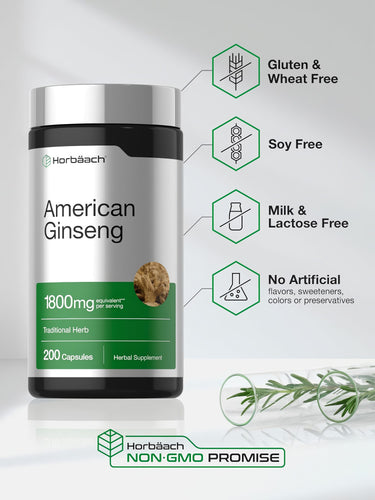 American Ginseng bottle with icons indicating gluten, wheat, soy, milk, lactose free, no artificial flavors/sweeteners/colors, non-GMO.