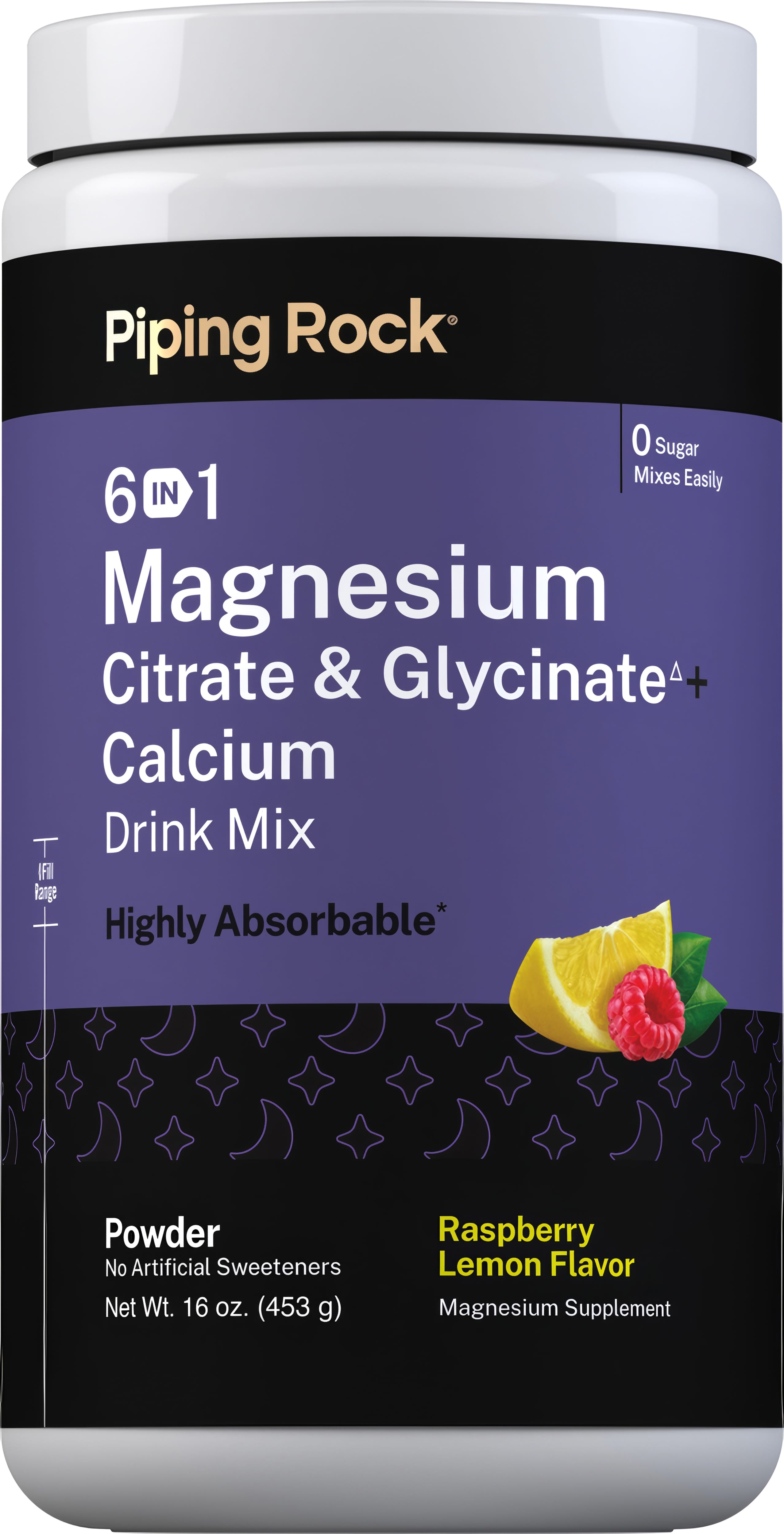 6 in 1 Magnesium Citrate & Glycinate + Calcium Drink Mix (Raspberry Lemon), 16 oz (453 g) Bottle