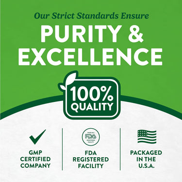 Infographic highlighting purity and excellence, 100% quality, GMP certified, FDA registered facility, packaged in the USA.