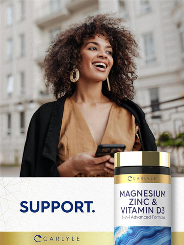 A young woman walks outdoors, smiling, holding a smartphone next to a Carlyle Magnesium Zinc & Vitamin D3 bottle.