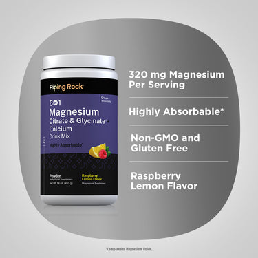 Product highlights graphic stating 320 mg Magnesium per serving, highly absorbable, non-GMO, gluten-free, Raspberry Lemon flavor.