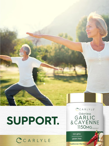 Mature couple practicing yoga outdoors in a park, next to a Carlyle Garlic & Cayenne bottle.